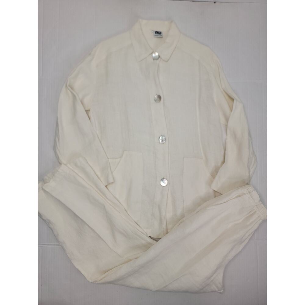 Johnny Was Linen Set SZ Small Button Up Top Pants Ivory Euro Summer Lagenlook